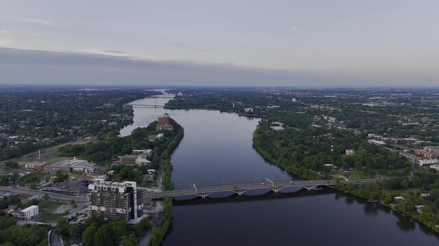 Aerial view of Bordeaux Prison in Montreal, Quebec, Canada, urban landscape at sunset. g.