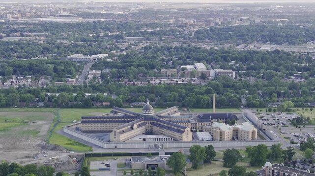 Aerial view of Bordeaux Prison in Montreal, Quebec, Canada, urban landscape at sunset. g.