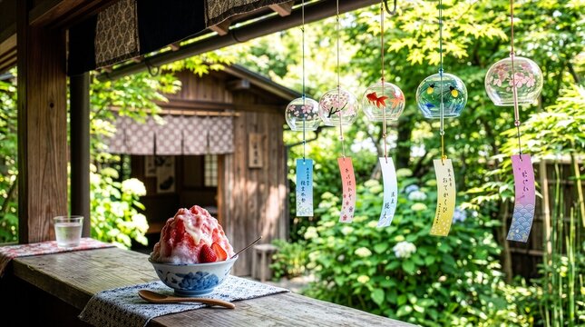 日本の夏の風物詩、古民家の縁側に飾られた風鈴と美味しそうなイチゴかき氷の涼しげ風景　Traditional Japanese Summer Scenery, Glass Wind Chimes and Strawberry Shaved Ice Kakigori on Engawa Veranda