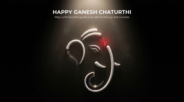Minimalist ganesh chaturthi greeting card featuring a stylized white line art illustration of lord ganesha on a dark background with elegant spotlight illumination for traditional indian festivals