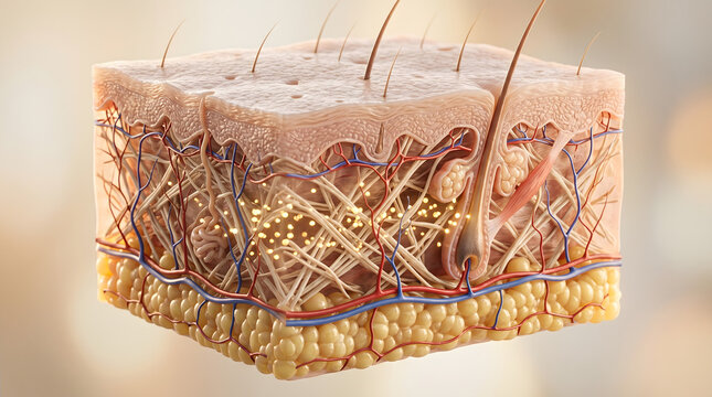 3D medical illustration showing the detailed cross-section layers of human skin including epidermis, dermis, hair follicles, blood vessels, and subcutaneous fat cells.