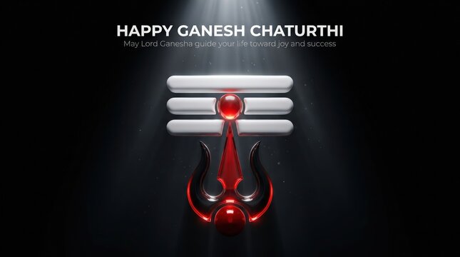 Ganesh chaturthi greeting card featuring a stylized 3d trishul and tripundra symbol against a dark background with soft cinematic lighting for spiritual indian festival celebration