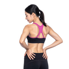 Fototapeta premium Panoramic shot of sportswoman with lower back pain isolated on transparent or white background