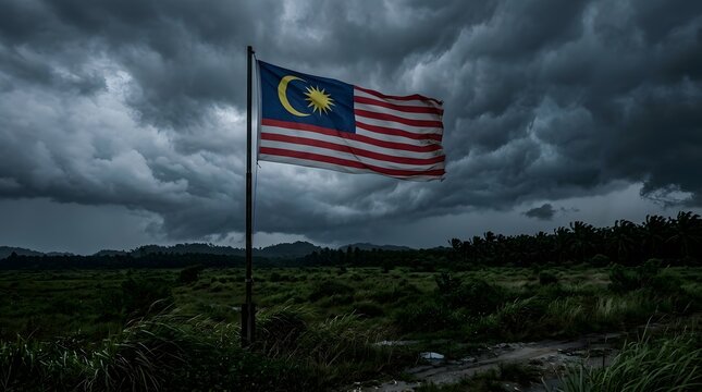 Malaysian flag waving under dramatic stormy sky in rural landscape