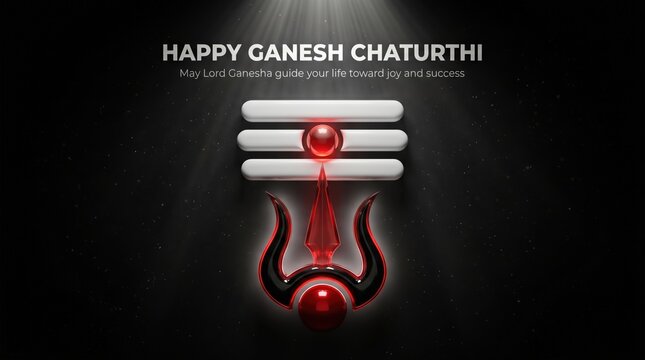 Ganesh chaturthi greeting featuring 3d trident and tilak symbol on dark background for spiritual celebration and festive wishes for joy and prosperity to everyone celebrating this auspicious day