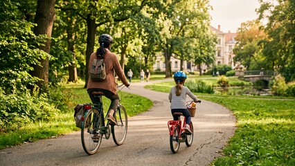 Fototapeta premium Mother and Child Cycling Together in a Beautiful Park