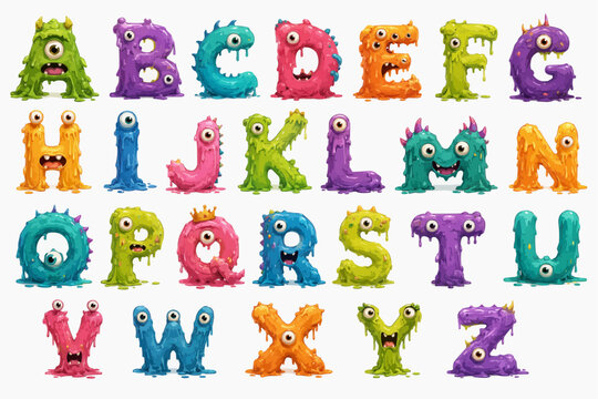 Monster Alphabet Letters: A whimsical collection of colorful, monstrous alphabet letters, each with unique eyes and slime, representing the entire English alphabet from A to Z.