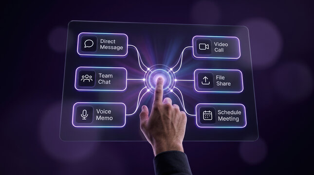 Digital communication interface with glowing icons, futuristic virtual dashboard for remote work, holographic business collaboration software