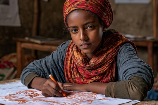 Ethiopian Girl Concentrating Intently While Sketching a Majestic Horse in Soft Light, Radiating Passion and Artistic Spirit