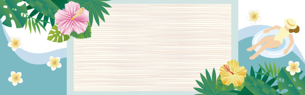 Summer tropical banner background with white wood texture copy space. Woman floating on inner tube in pool, hibiscus flowers.