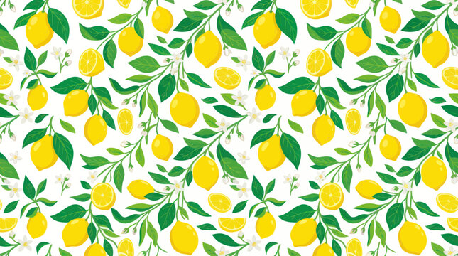Lemon Tree Branches Pattern, Fresh Citrus Fruit and Leaves, Summer Botanical Design