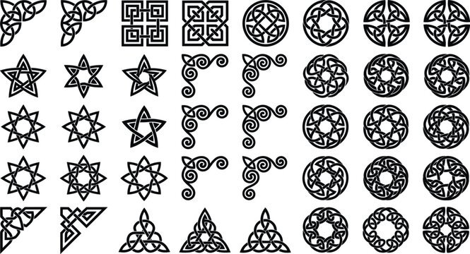 Celtic knot symbol collection with sacred geometric ornaments and decorative tribal patterns vector illustration isolated on white background