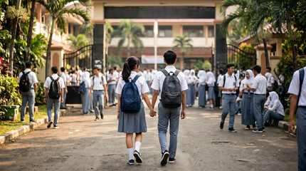 Obraz premium Senior High School Students Walking to School Together