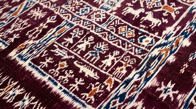 Traditional Indonesian Ikat Sumba Fabric Featuring Ancient Musical Instrument Patterns In A Detailed Top View