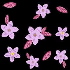 Fototapeta premium Elegant floral seamless pattern with purple flowers and pink leaves on black background for textile and decor.