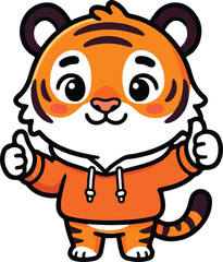 Naklejka premium Cute baby tiger cartoon in orange hoodie giving double thumbs up tiger mascot vector design.