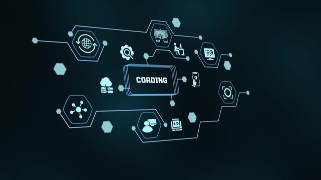 Advanced tech network display showing coding and software development concept with digital line icons