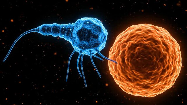 Bacteriophage virus attaches to glowing bacteria in 3D animation