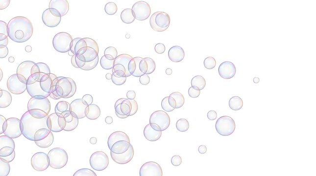 Many soap bubbles floating in air on white background