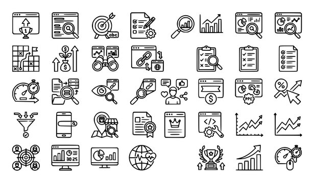 Digital Marketing and SEO Outline Icons. Website Ranking, Analytics and Search Optimization Vector Pack