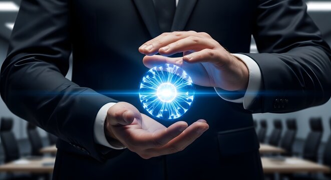Executive controlling luminous blue cybernetic technology sphere