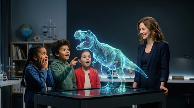 Engaging classroom learning with interactive dinosaur hologram modern school educational environment interactive experience