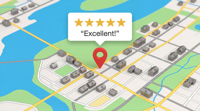 Five Star Review over a location pin on a maps background