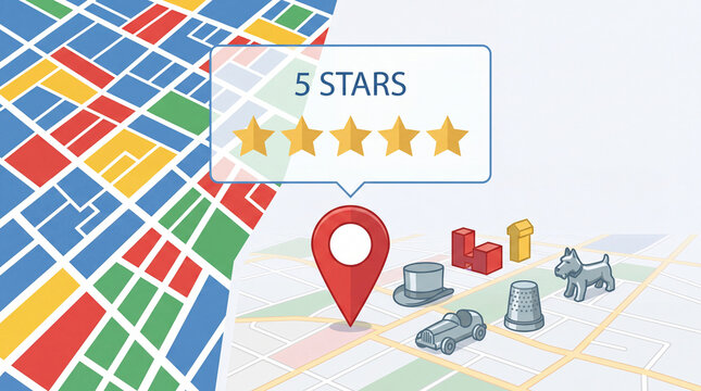 Five Star Review over a location pin on a maps background