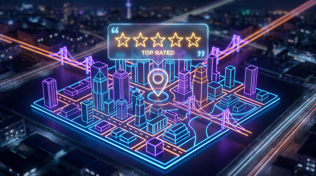 Five Star Review over a location pin on a maps background