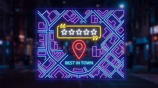 Five Star Review over a location pin on a maps background