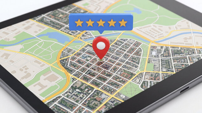 Five Star Review over a location pin on a maps background
