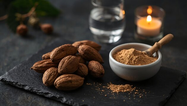 Dried chebulic myrobalan fruits with fine herbal powder in a ceramic bowl, glass of water, and burning candle on slate.
