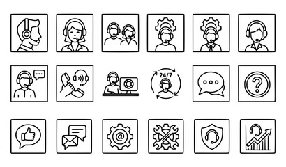 Fototapeta premium Minimal customer service headset support vector set with outline icons