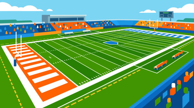American football field with orange and blue stadium.
