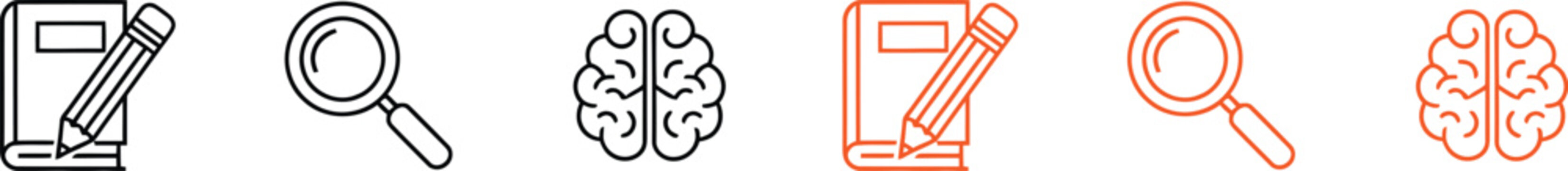 education learning brain icons with book pencil and magnifying glass