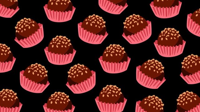Seamless looping pattern of chocolate truffles topped with nut pieces in pink candy cups on a dark background. Ideal for confectionery promotions, dessert branding, packaging, and sweet-themed motion 
