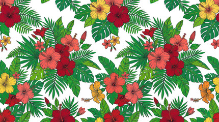Tropical floral pattern with hibiscus flowers and palm leaves, seamless background © hidayati
