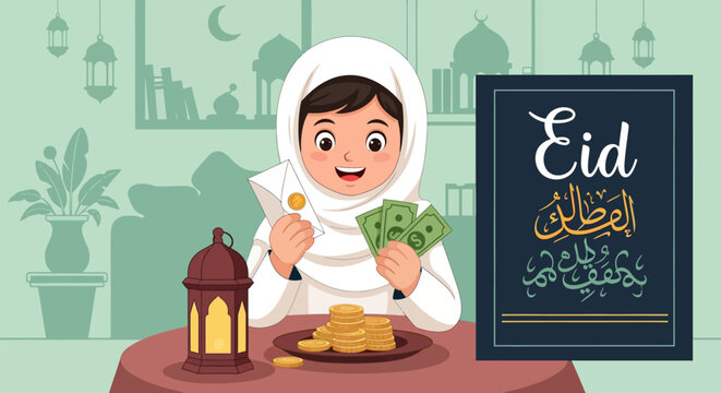 Happy Muslim Child Receiving Eidi Money During Eid Celebration