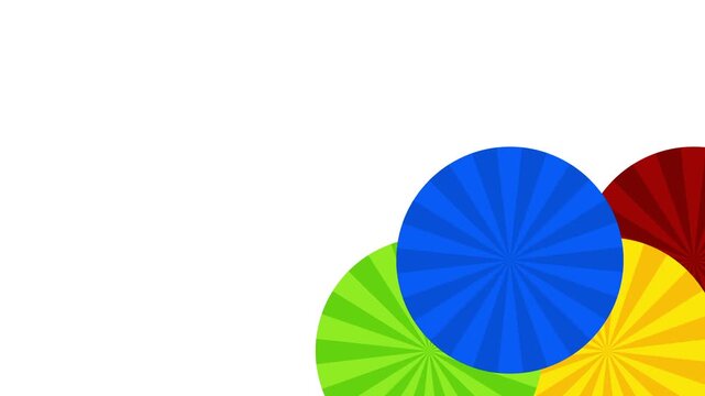 A playful illustration of colorful overlapping circle flowers in blue red and yellow on a clean white background