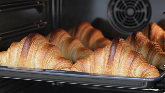 Golden Croissants Baking in Oven on Baking Sheet, Freshly Baked Pastry
