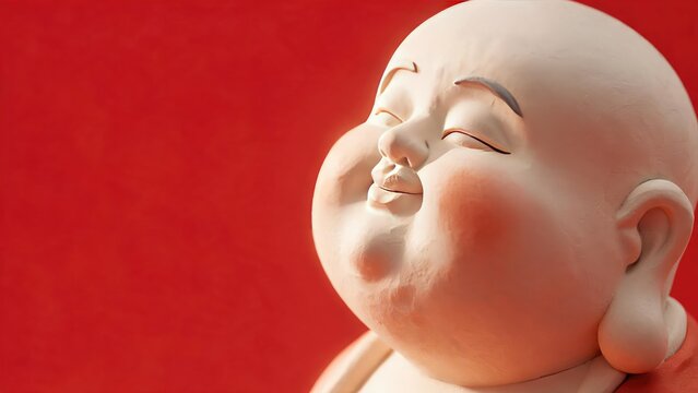 Growth mindset concept featuring a serene Buddha statue with a calm smile and soft lighting on a vibrant red background