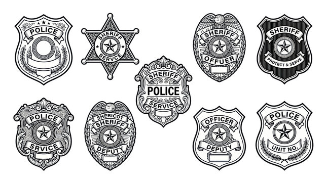 Vintage Police and Sheriff Badges Collection - Hand-Drawn Style