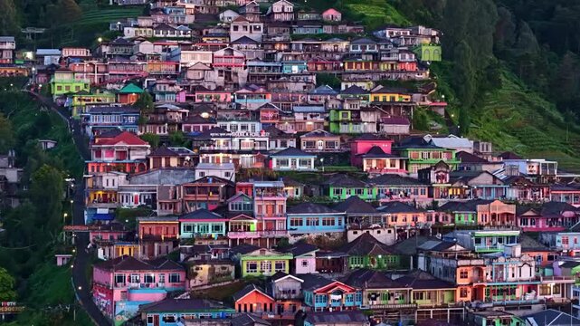 Early dawn aerial detail of Nepal van Java village, dense hillside homes with soft ambient lighting, Indonesia rural landscape.