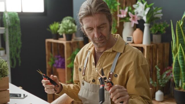 Man florist holds pruning shears in hands trimming stems at a flower counter in a building; serene concentration.