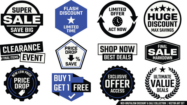Neo Brutalist Black Blue Sale Discount Badge Set Super Flash Clearance Price Drop Buy One Get One Free Exclusive Offer Value Collection