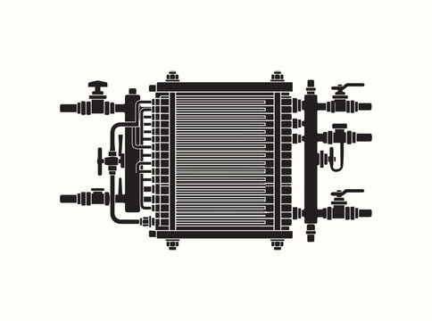 A technical graphic of a hydrogen fuel cell stack with multiple layered plates and visible valve ports