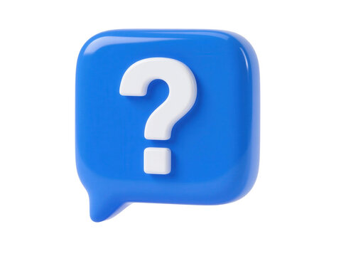 3D render of a blue glossy speech bubble icon with a centered white question mark. Minimalist social media notification symbol, isolated object for web design.