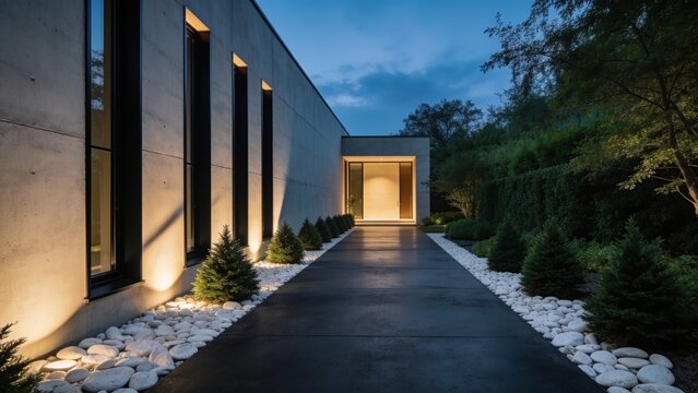 Luxury Modern Minimalist House Entrance Walkway with Architectural Landscape Lighting and Lush Green Garden at Twilight