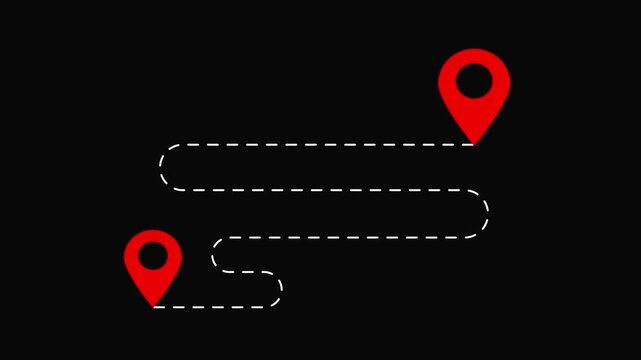 Route planning with map pin markers on a black background with dashed white line.