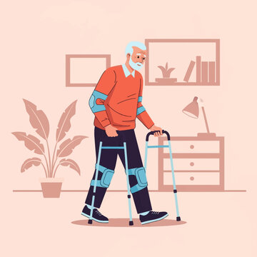 Senior man with white beard using a walker for mobility support in a living room, wearing elbow and knee pads for physical therapy and injury recovery vector illustration.